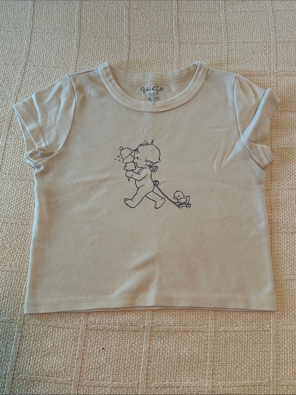 Brandy Melville Cream Short Sleeve Tee with Child & Duck Line Graphic